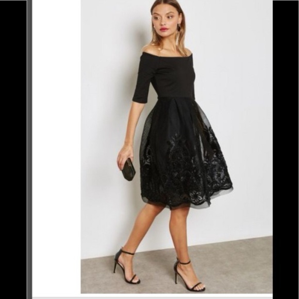 Francesca's Collections Black Off-Shoulder Fit and Flare Mini Dress
